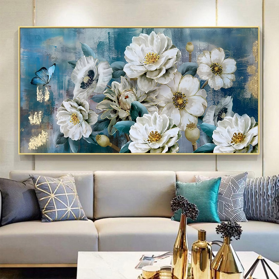 Flowers Canvas Wall Art White Elegant Modern Picture Gold Foil Rustic ...