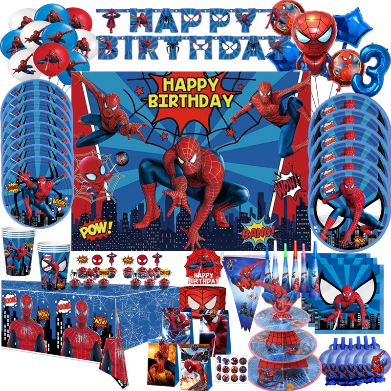 thumbnail image 2 of Spiderman Party Supplies Set – Table Cover, Plates, Banner, Balloons – Kids Birthday 2 of 6