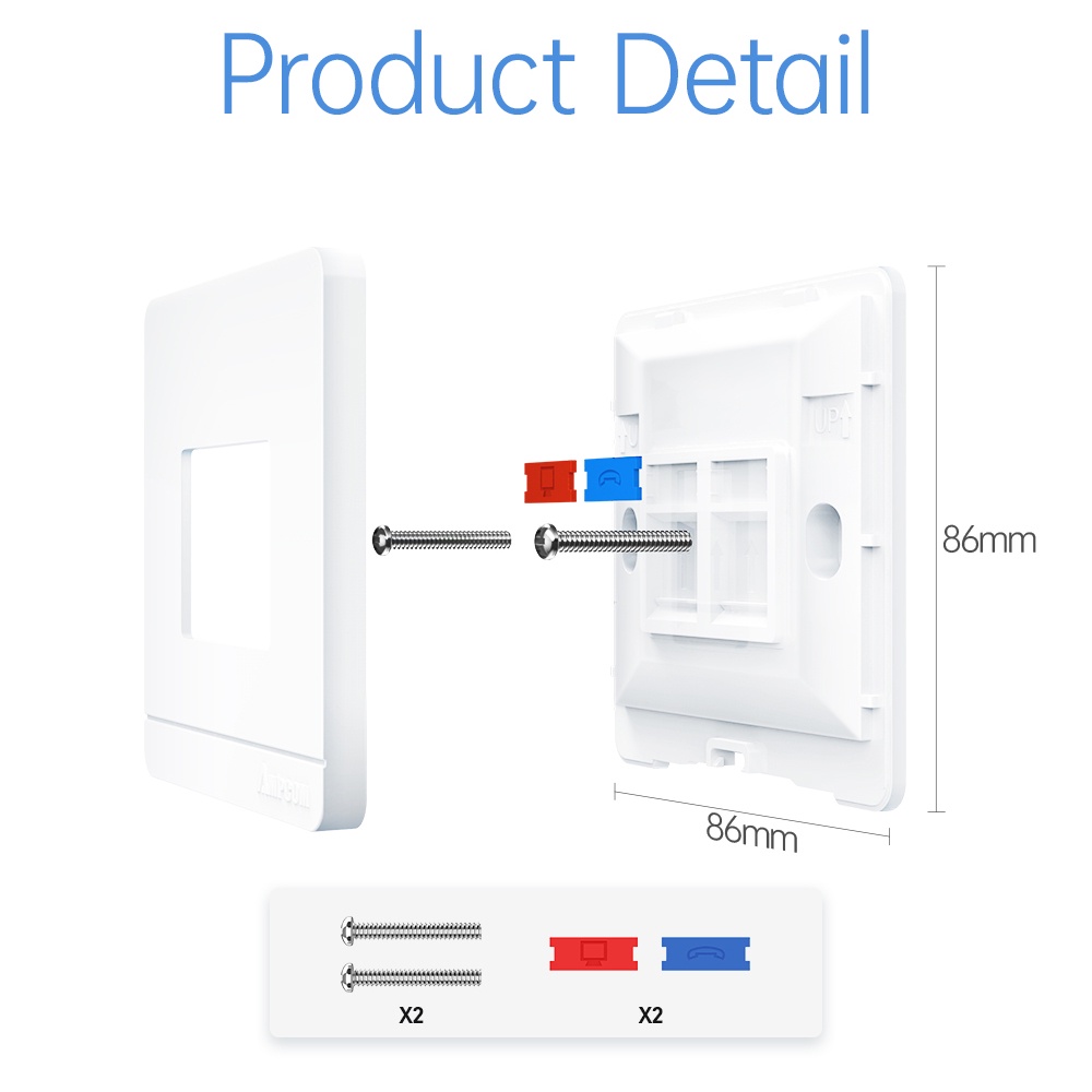 AMPCOM 86 Type Wall Faceplate with Mounting Junction Box for RJ45 RJ11 ...