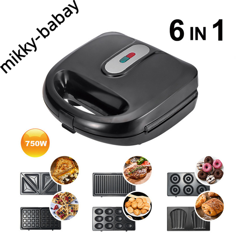 6in1 Donut Maker Machine sandwich waffle make non stick electric pancake Breakfast Toaster