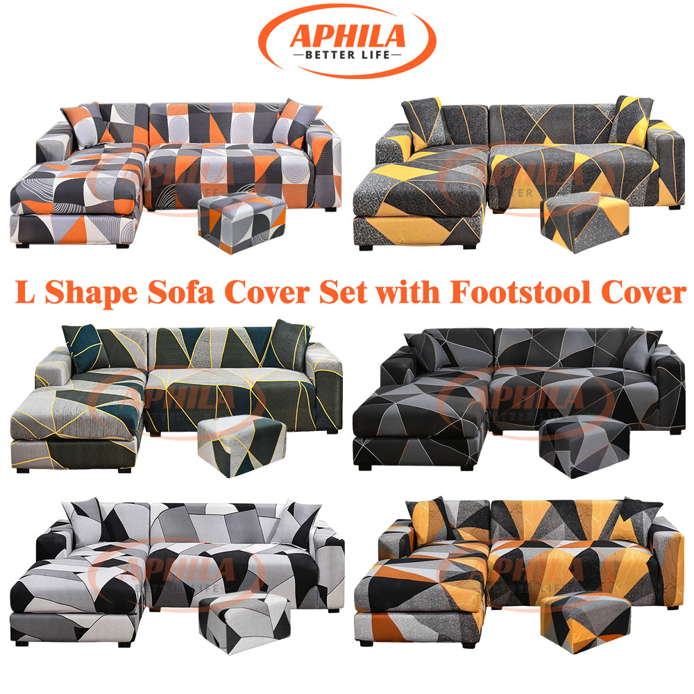Aphila L Shape Sofa Cover Set with Footstool Cover Stretch L Shape Sofa
