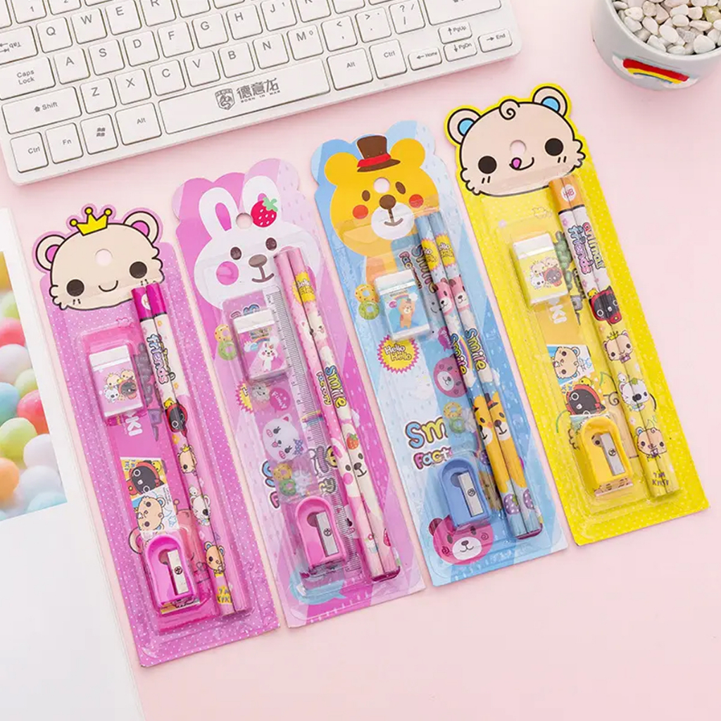 School Kids Stationery Set Pink Packing 5 Pieces One Set Cute Ruler ...