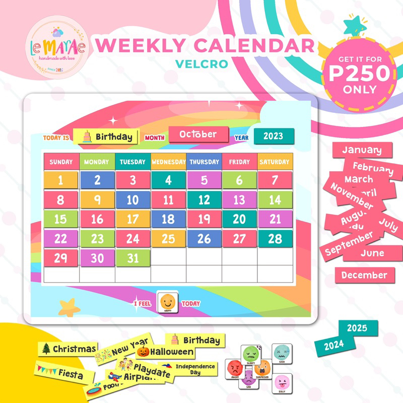 WEEKLY CALENDAR VELCRO FOR KIDS Laminated Educational Charts Velcro ...