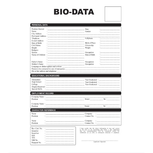 Bio Data - Application Form sold per pack (100 sheets and 200 sheets ...