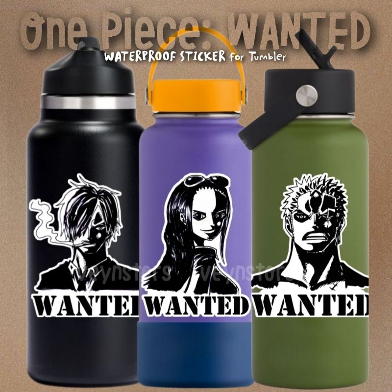 ONE PIECE WANTED BLACK AND WHITE WATERPROOF STICKER FOR TUMBLER FLASK