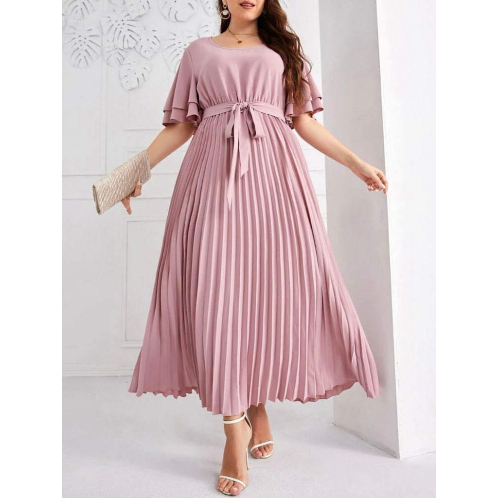 A3259 Uyua 2-layer Ruffle Sleeve Garter Self Belt Pleated Plus Size ...
