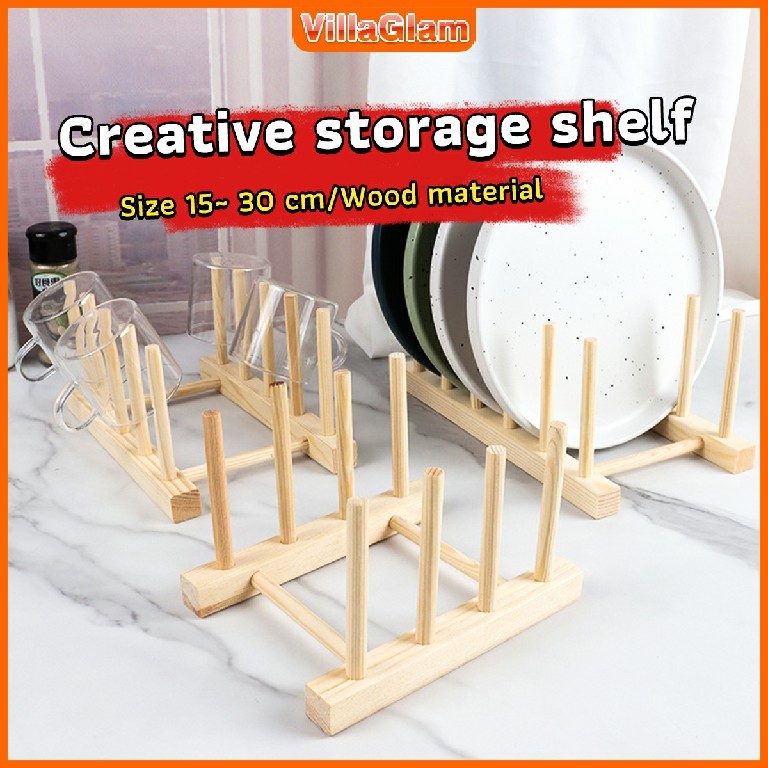VG Wooden Dish Rack Mugs Cup Bowl Drying Shelf Drain Rack Dinnerware ...