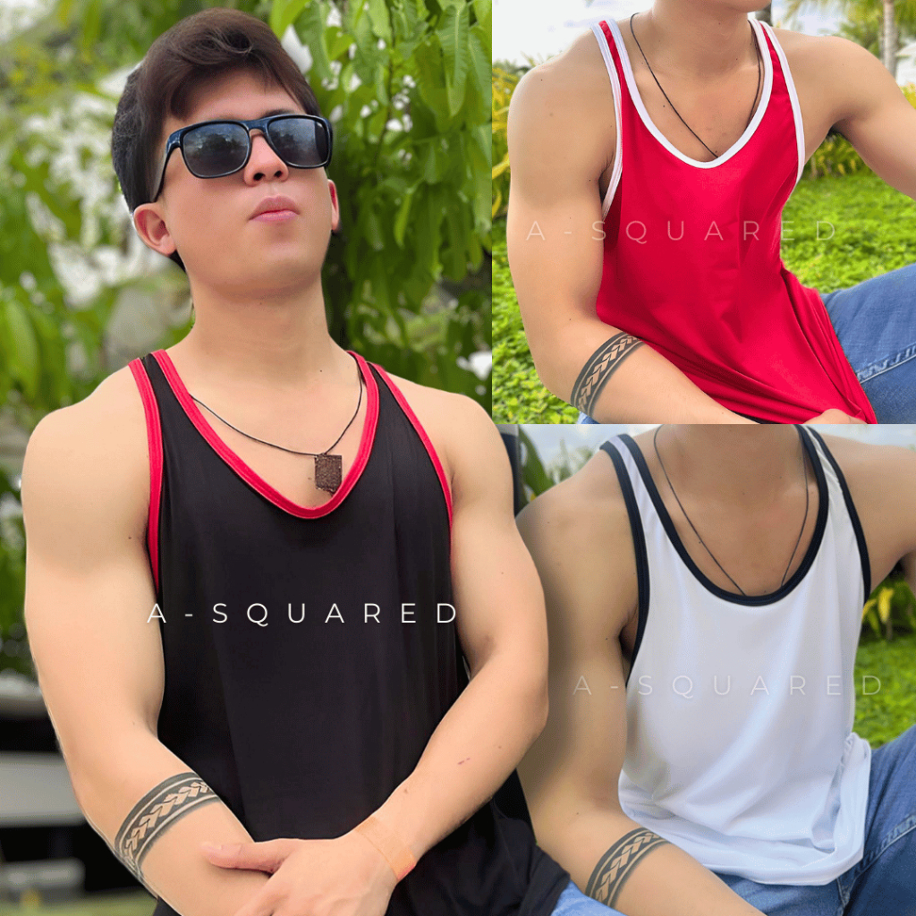 Two Tone Cotton Spandex Gym Sando Deep Neck Contrast Color Casual Tank Top Fits M to XL Shopee Malaysia