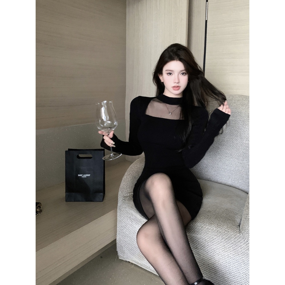 sexy bodycon mini dress korean plain black fitted long sleeve for women ...