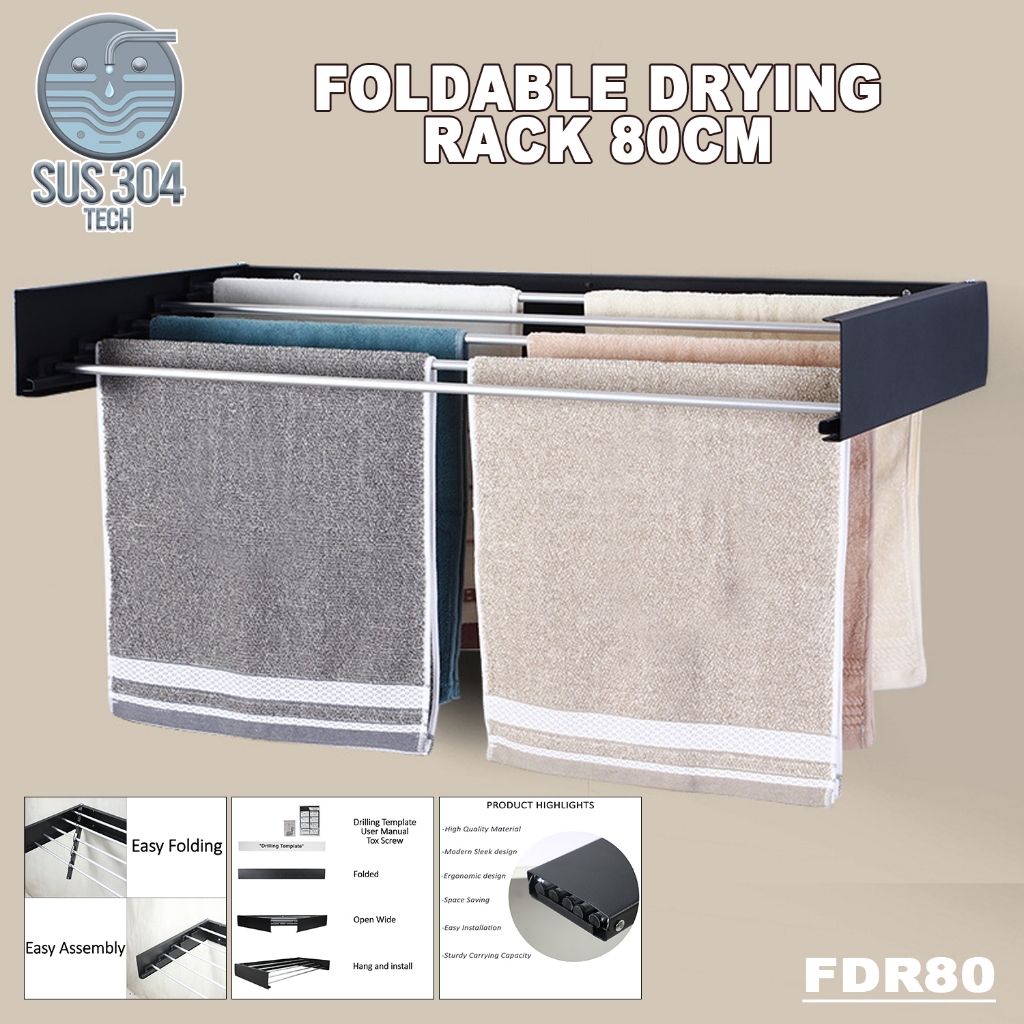Sus304 Tech FDR80 Folding Non-rust 80CM Invisible Wall Mounted Clothes ...