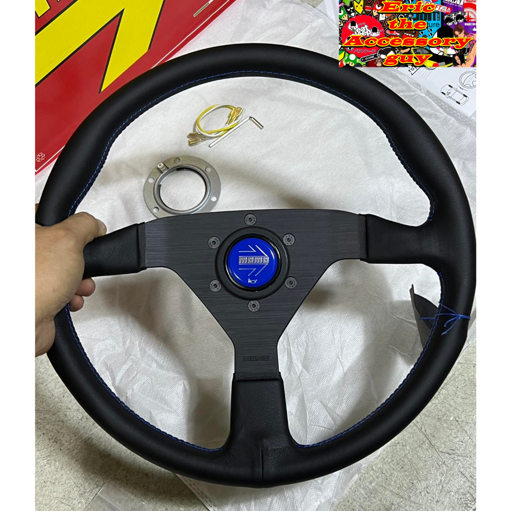 Momo Monte Carlo Steering Wheel (Leather with Blue Stiches and Horn ...