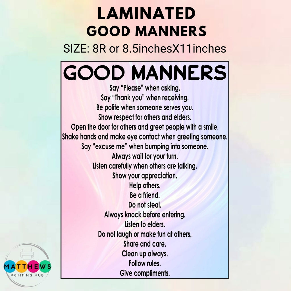 LAMINATED GOOD MANNERS CHART 8R:8.5inchesx11inches | Shopee Malaysia