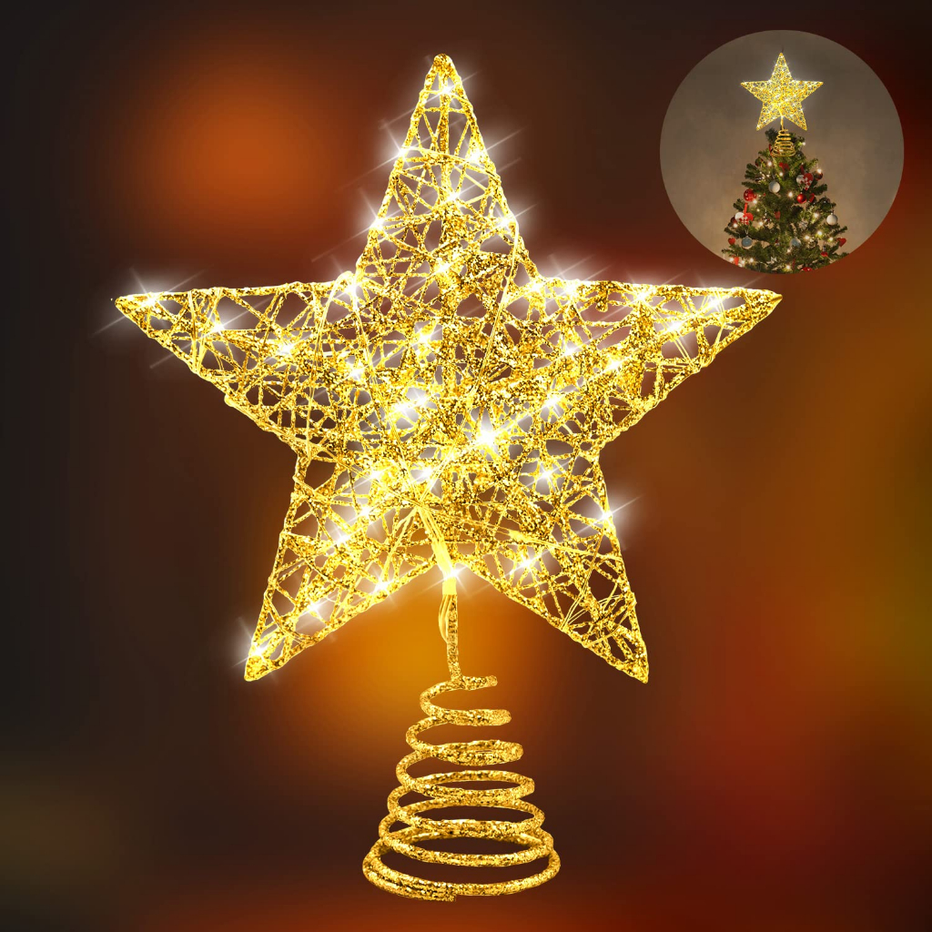 Christmas Tree Toppers 8-Inch Star Tree Toppers Metal Design Glittered ...