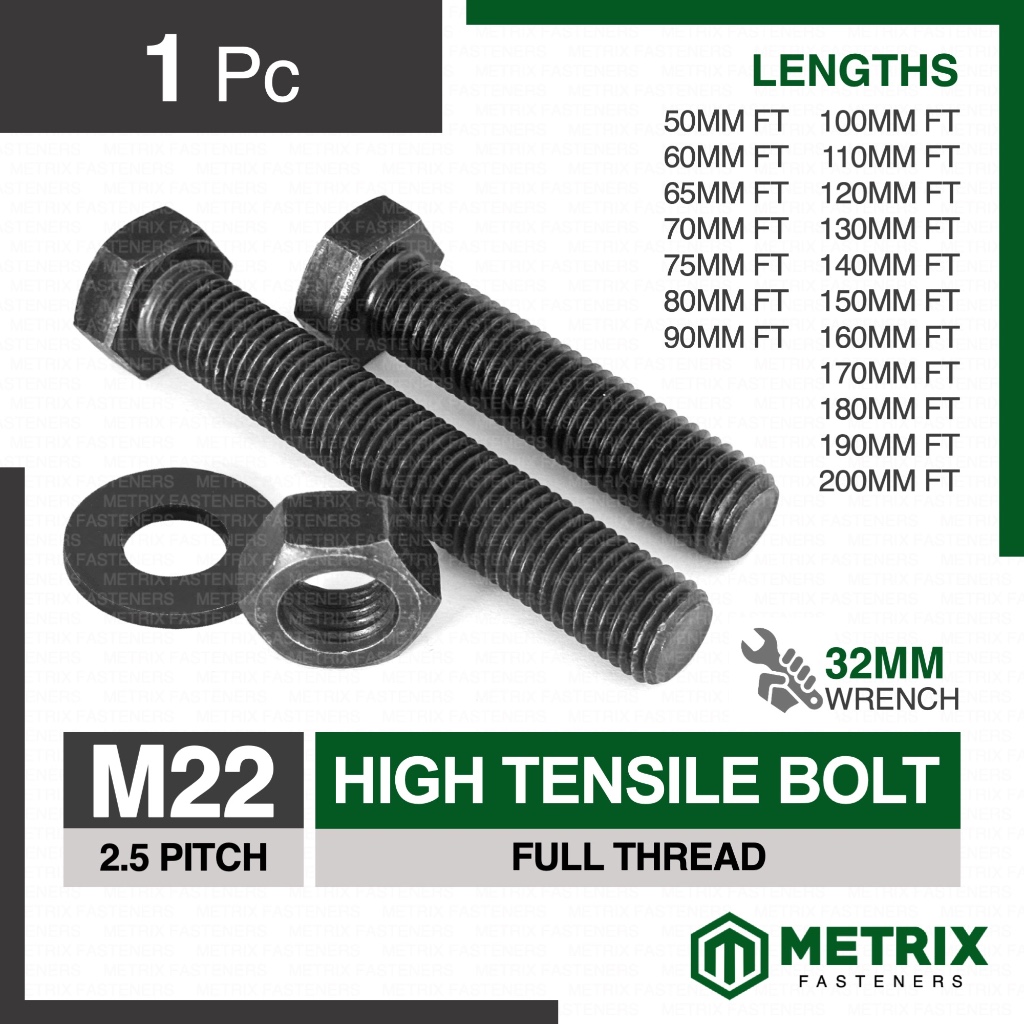 1pc M22 - 2.5P ( 22MM ) 8.8 High Tensile Hexagon Bolt - Full Thread ...