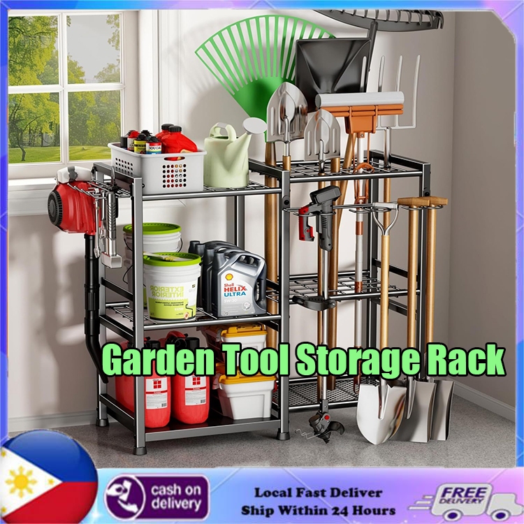 Garden Tool Storage Rack With 12 Hooks 3 Layer Metal Yard Tool ...
