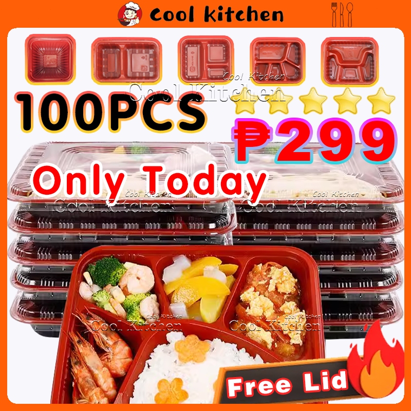 (100PCS) Thick Red Bento Box 1/2/3/4/5 Grid Transparent Visible Lid ...