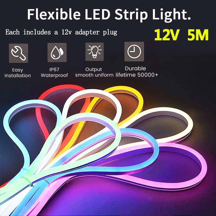 Neon Flexible LED Strip Lights 12V with Adapter, Various Lengths (1m-5m ...