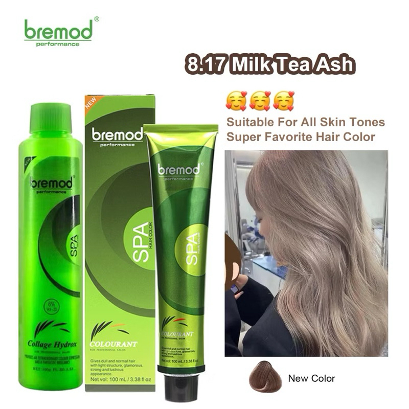 Bremod Hair Color 8.17 Milk Tea Ash Hair Dye Cream +100ml Oxidizer ...