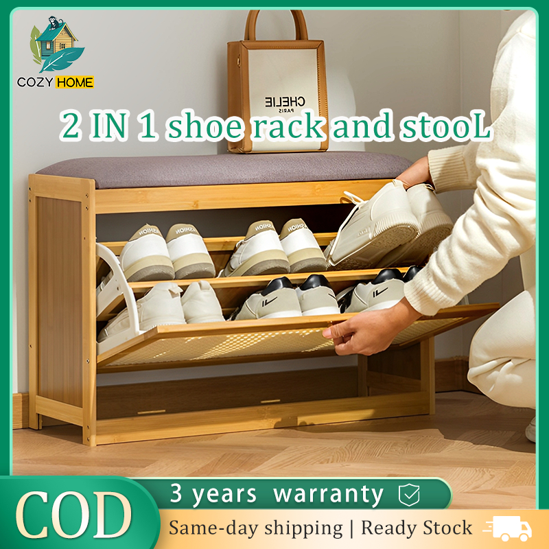 Shoe Changing Bench Bamboo Shoe Rack with Seat Cushion Shoe Rack ...