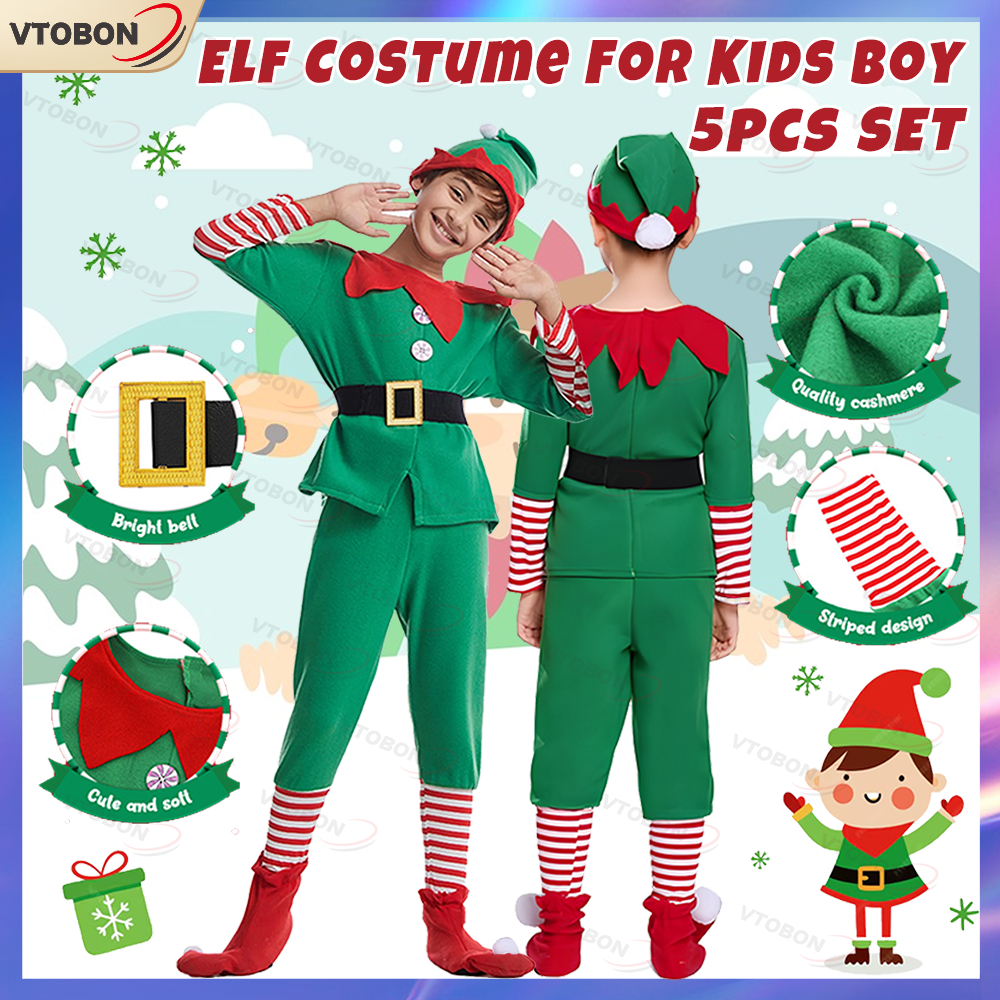 Elf Costume Kids Men's Elf Costume - Complete Christmas Santa Helper Outfit  For Halloween & Holiday Parties Green Red Elf Costume Set