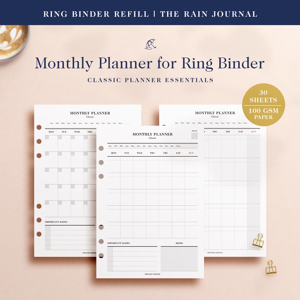 TRJ Monthly Planner / Monthly Calendar - Undated for Ring Binder, A5 ...