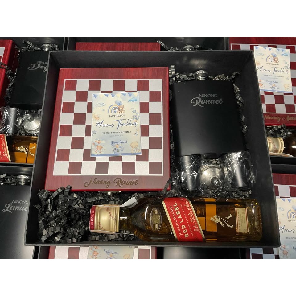 Chess + black flask set + JD/red label with engraved box ribbon and ...