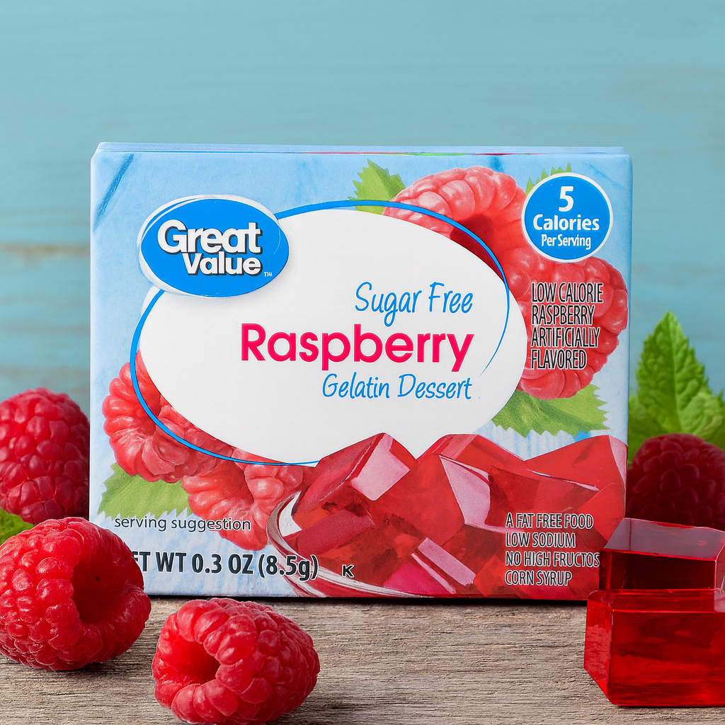 GREAT VALUE SUGAR FREE RASPBERRY GELATIN DESSERT LOW CALORIE 8.5g ...