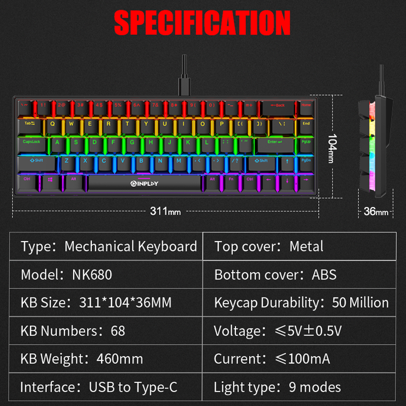 INPLAY NK688 Wired Mechanical Keyboard RGB With Blue Switch 68 Key ...