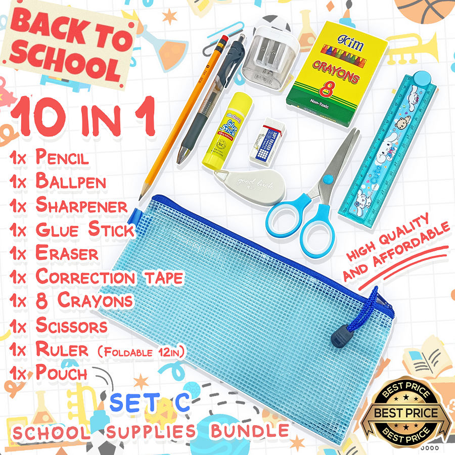 KIM 10 in 1 School Supplies Bundle Pencil Crayon Ruler Glue Scissors ...