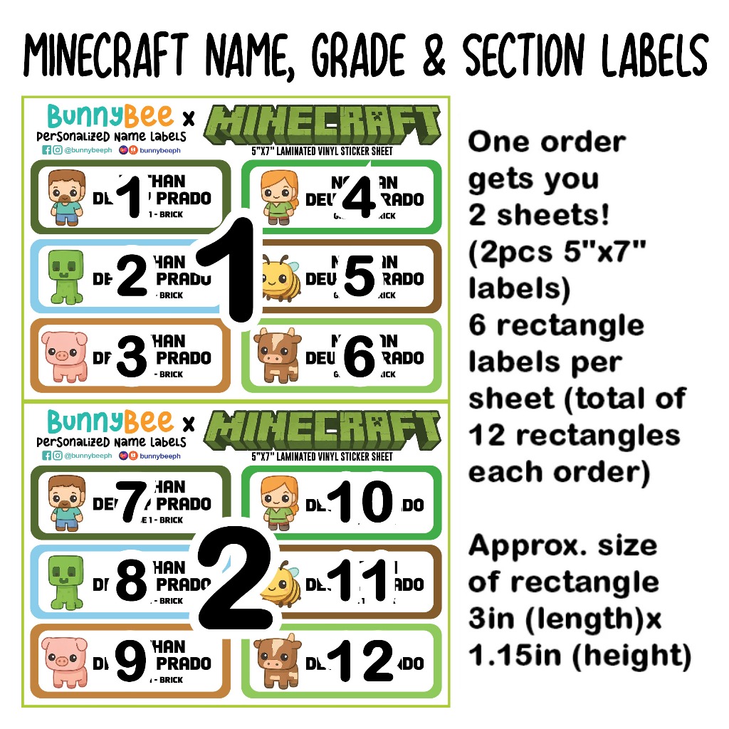 Personalized Minecraft Laminated Waterproof Stickers (Name, Grade ...