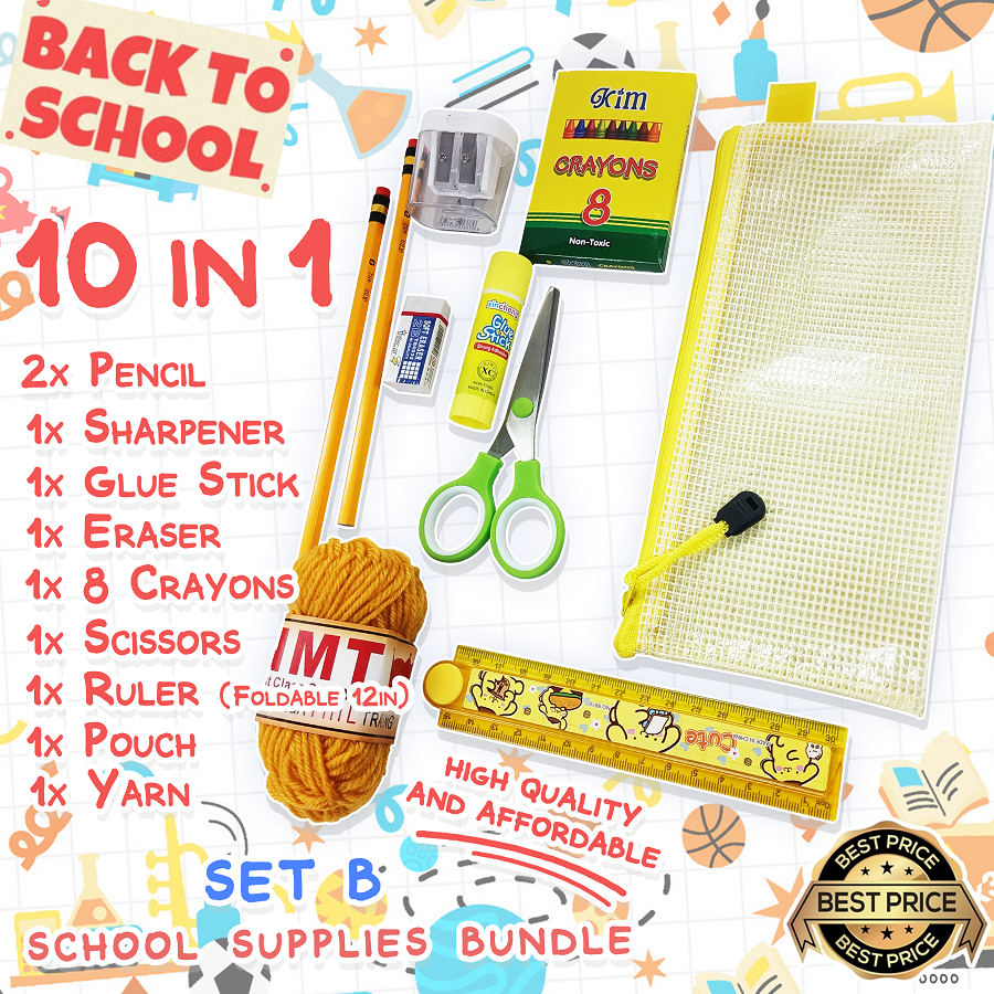 KIM 10 in 1 School Supplies Bundle Pencil Crayon Ruler Glue Scissors ...