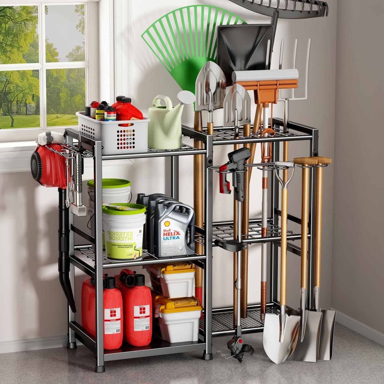 Garden Tool Storage Rack With 12 Hooks 3 Layer Metal Yard Tool ...