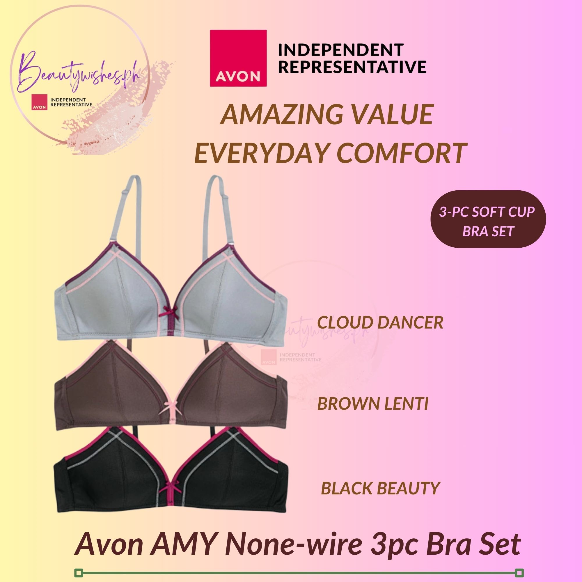 Avon bra Joy 3-pc Non-wire Soft Cup Bra Set / AMY 3-PC nw SOFT CUP BRA ...