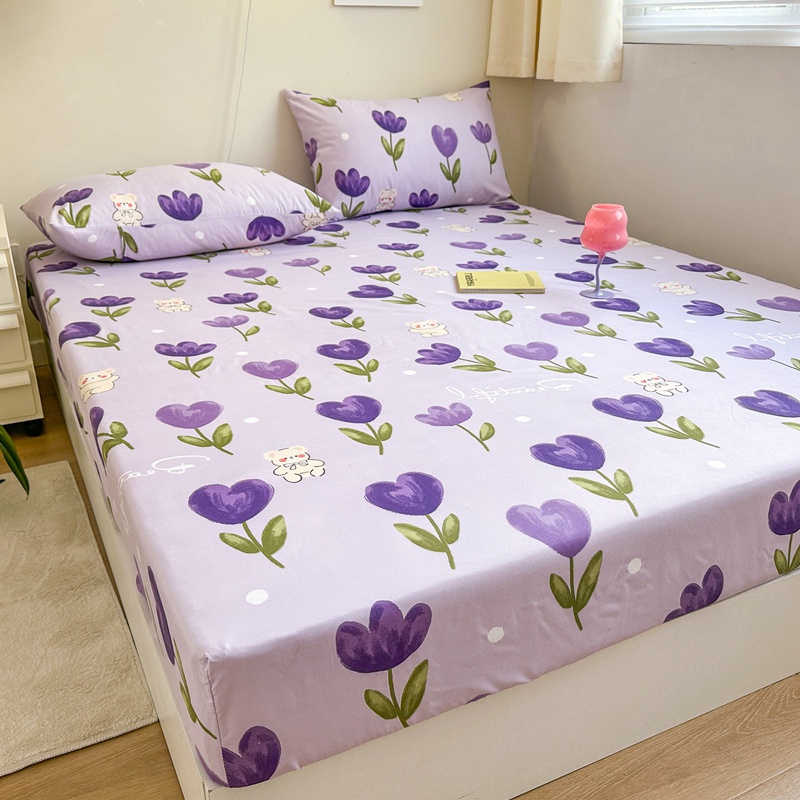 Fitted Sheet green bedsheet mattress cover yellow&purple flowers