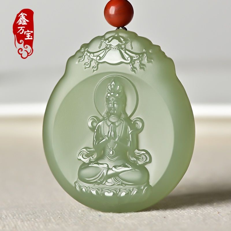 Blue Jadeite Guanyin Buddha Necklace for Men