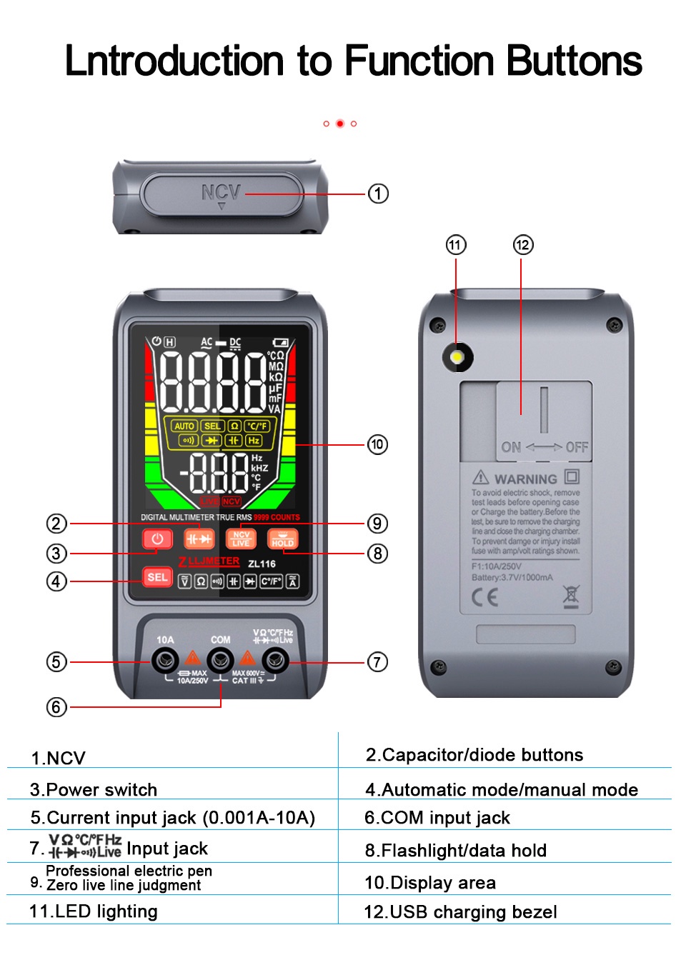 Large screen USB charging digital multimeter AC DC current voltage ...