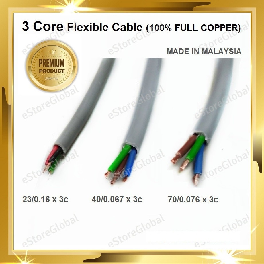 3 Core Flexible Cable GREY (100% Pure Copper) / Kabel 3 core wayar ...