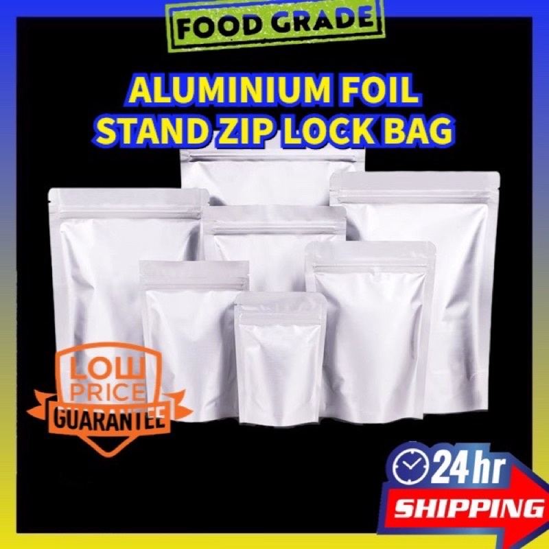 50pcs THICK Pure Aluminium Foil Stand Zipper Bag / Both Side Aluminium
