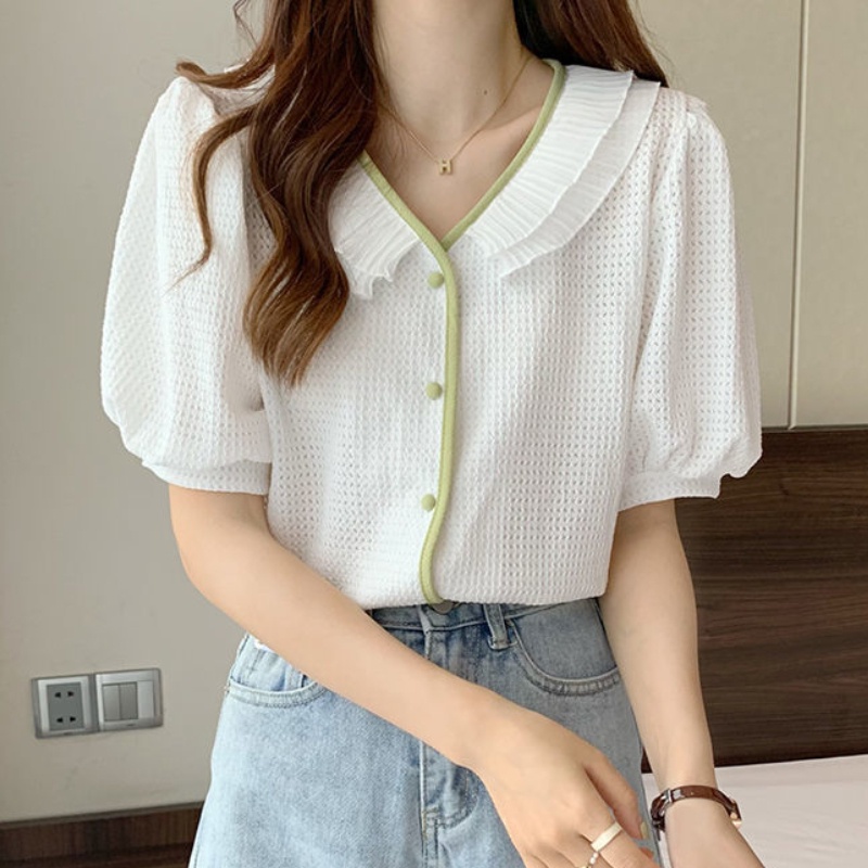 White Blouse Women Short Sleeve Chiffon Shirt Korean Style Summer New ...