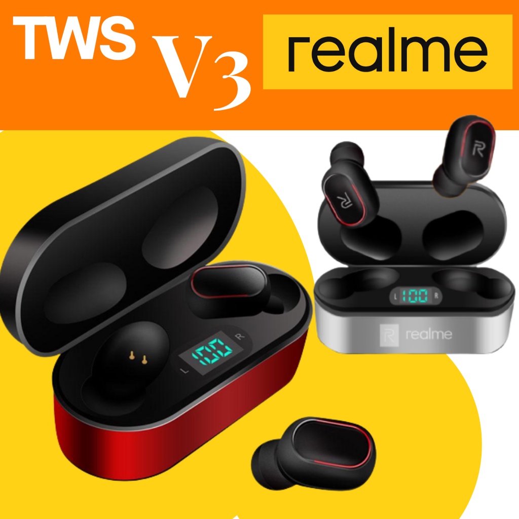 Ready Stock Realme TWS V3 Wireless Bluetooth Earbuds Hifi Stereo Bass Earbuds Led Display Bluetooth Wireless Headphone