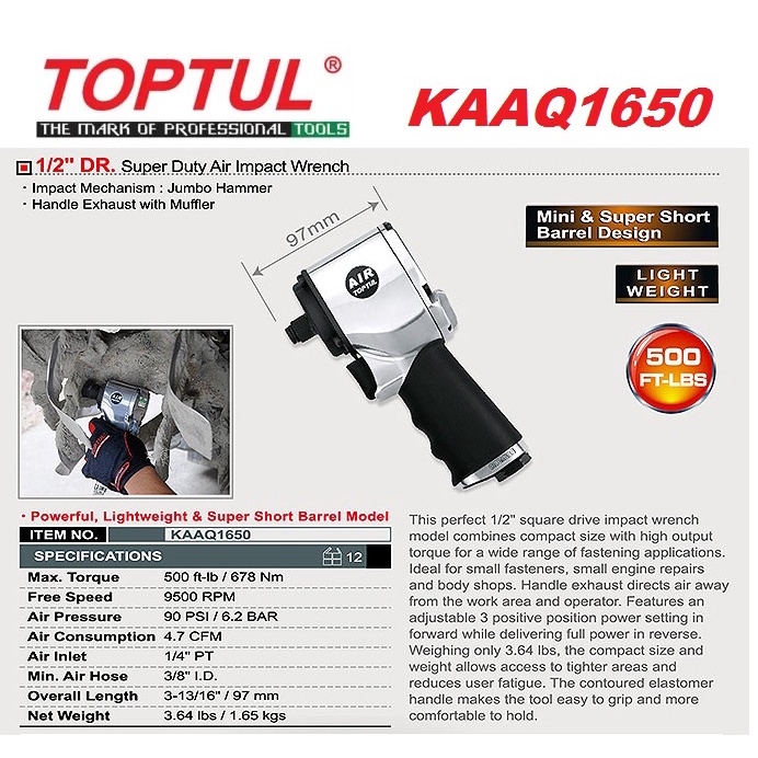 JCB Air Impact Wrench 1⁄2'' Square Drive, 610Nm / 1200Nm Torque | JCB-RP9515 - View #2