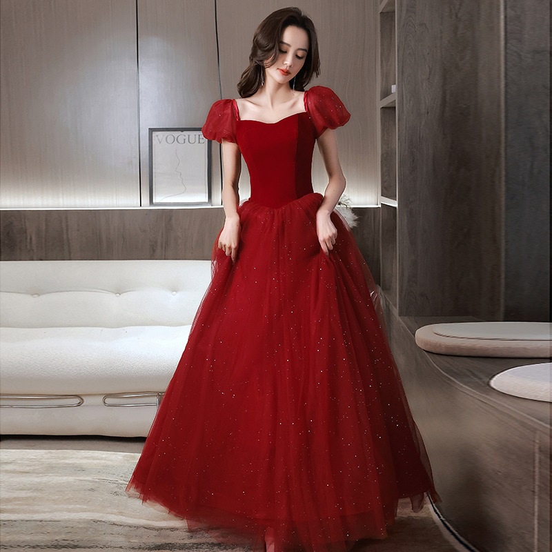 Wine Red Starry Sky Bride Toast Dress Wedding Engagement Puff Sleeve