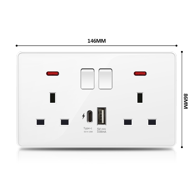 Ready stock 13A wall power double UK socket typec+usb fast charging