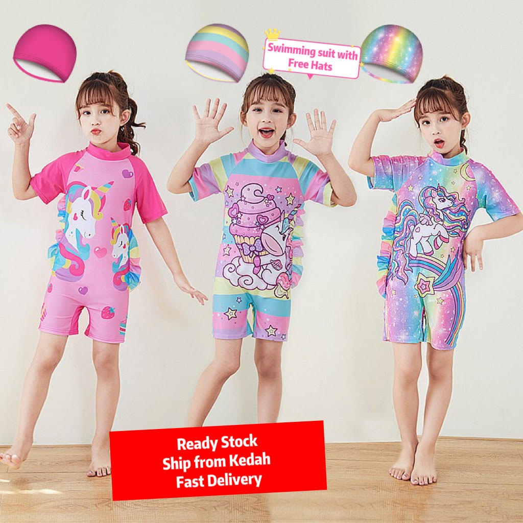 Cute Short-Sleeved Children's Swimwear Girls Beach Sunscreen Swimsuit ...