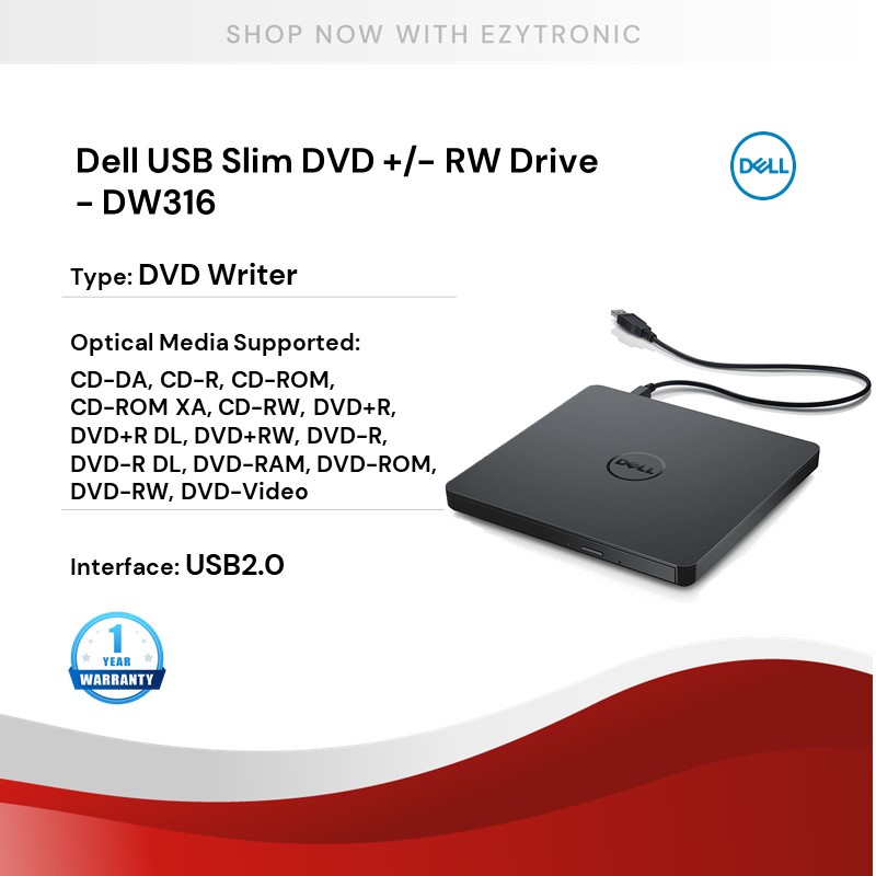 Dell USB Slim DVD +/- RW Drive - DW316