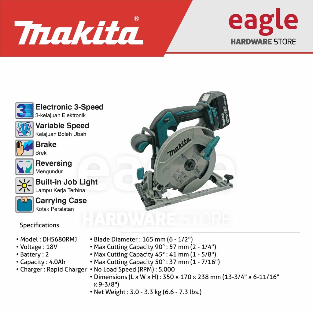 Makita DHS680RMJ 165mm 6.1 2 18V Brushless Cordless Circular Saw DHS680 Shopee Malaysia