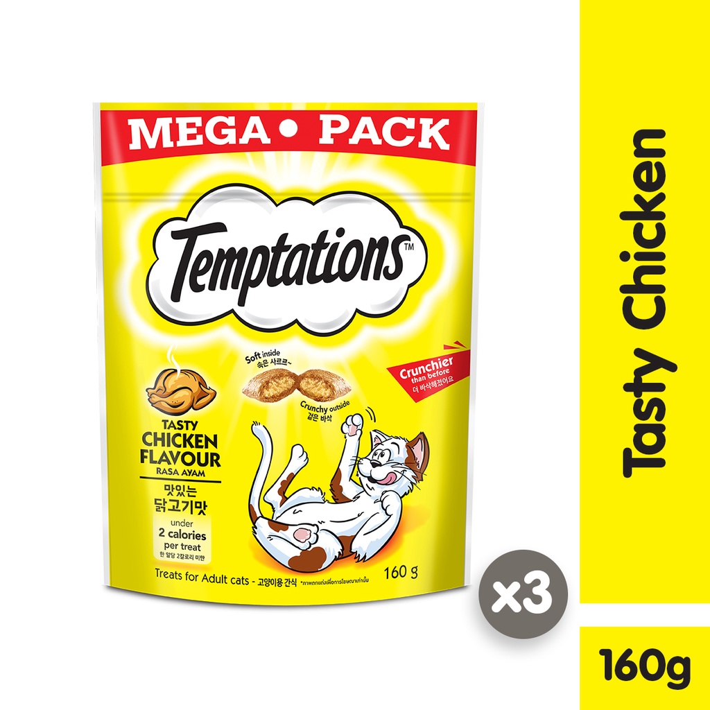 TEMPTATIONS Cat Treats Tasty Chicken Flavor, 160g x3. Cat Treat with