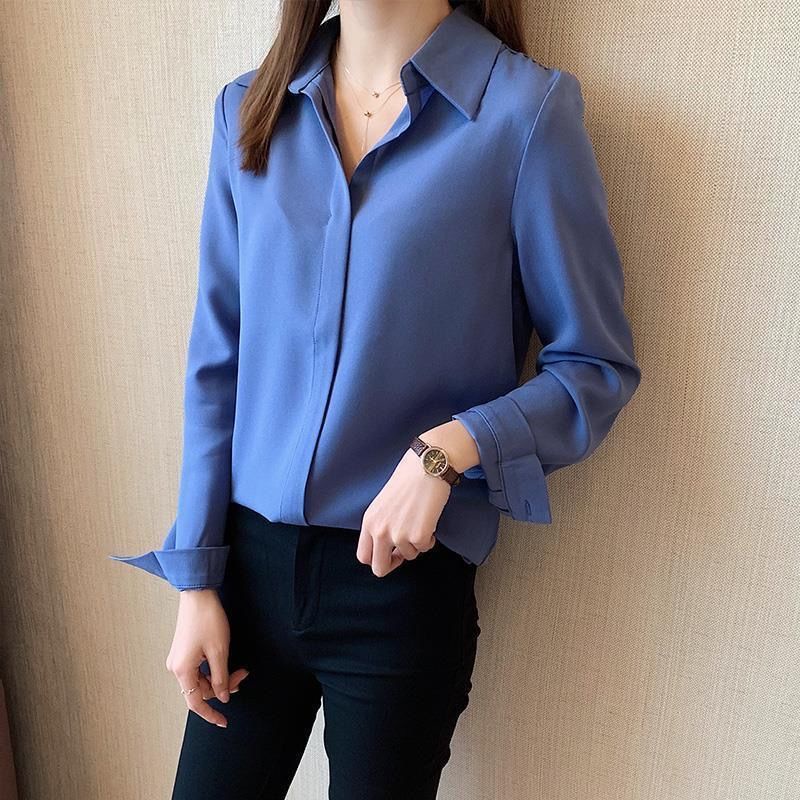 Plus Size Korean Style Long Sleeve Top Satin Shirt Women's Chiffon ...