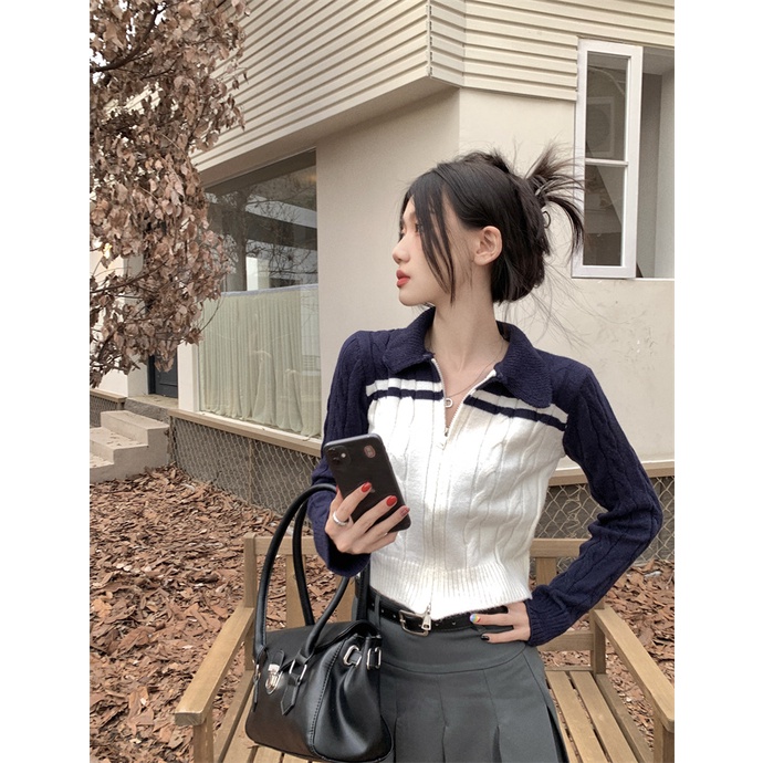 Xiaozhainv Korean Style Fashion Knitted Cardigan Women Polo Collar Slim Top Shopee Malaysia 5351