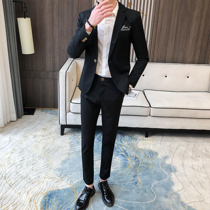 Korean Version Mens Casual Two Piece Suit Suit Mens Slim Fit Solid Color Suit Suit Groom 8006